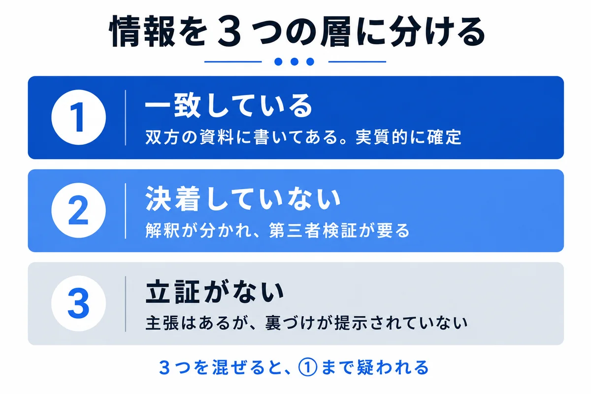 情報を一致・未決着・未立証の3つの層に分ける考え方の図｜mRNAワクチン 情報の読み方