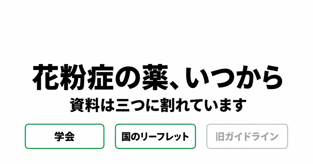 花粉症の薬をいつから始めるか、学会・国のリーフレット・旧ガイドラインで開始時期が3つに割れていることを示したアイキャッチ
