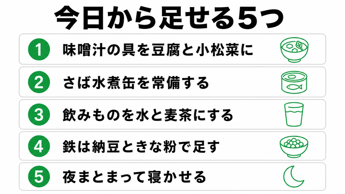味噌汁の具を豆腐と小松菜に・さば水煮缶を常備する・飲みものを水と麦茶にする・鉄は納豆ときな粉で足す・夜まとまって寝かせるの5つを並べたチェックリスト｜子ども カルシウム 牛乳なし