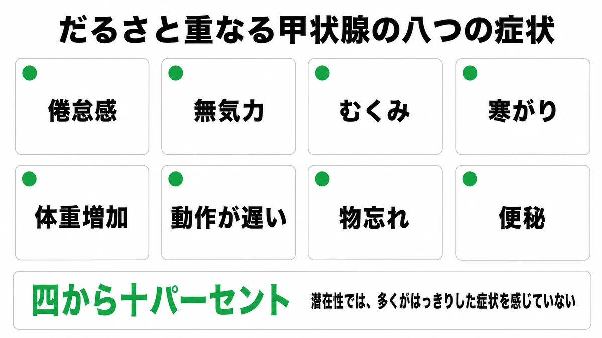 甲状腺機能低下症で疲労と誤解されやすい倦怠感やむくみなど8つの症状を並べたチェックリスト｜だるさ 甲状腺 TSH