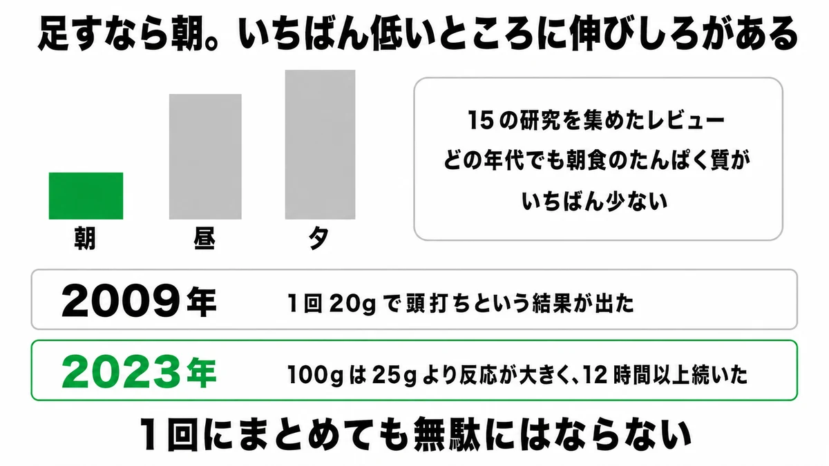 3食のうち朝食のたんぱく質がどの年代でも最も少なく、朝に足すのが最も伸びしろが大きいことを示した図｜たんぱく質 朝食 配分