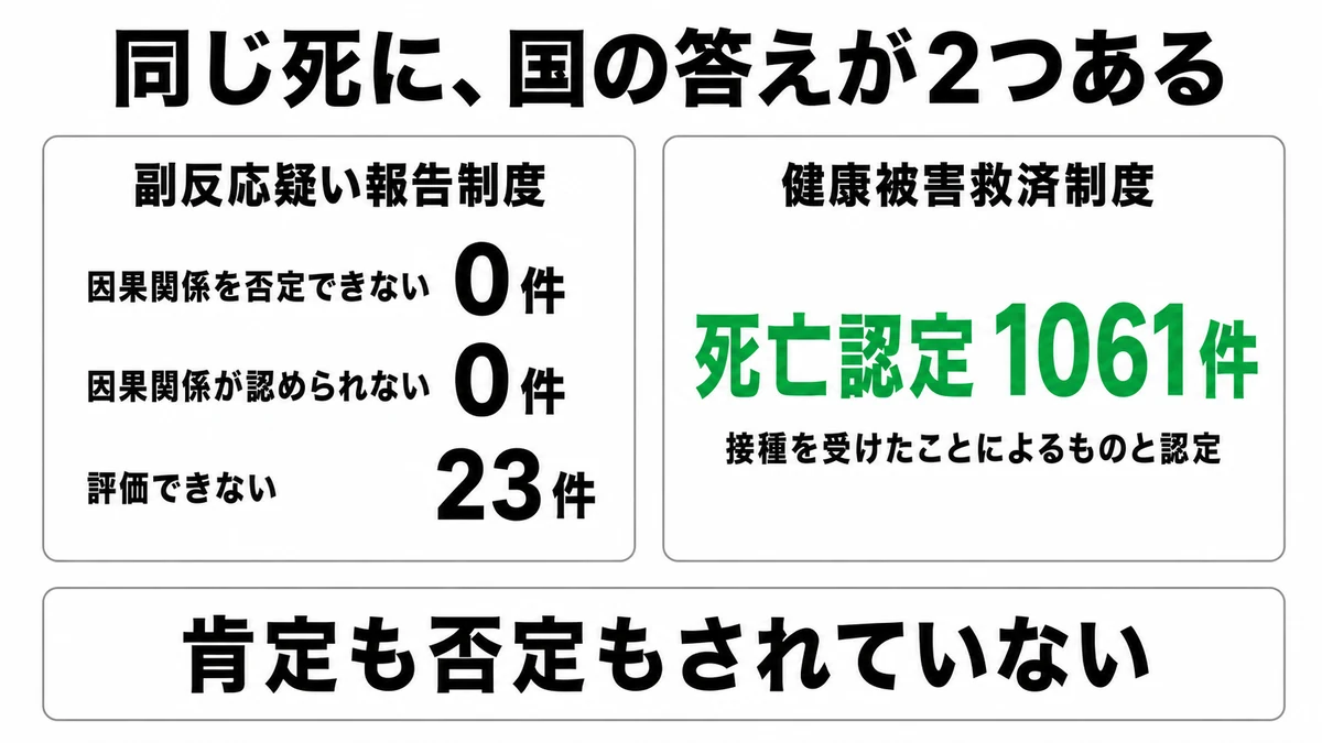 副反応疑い報告制度ではα0件β0件γ23件、救済制度では死亡認定1061件と判断が分かれる構造の図｜予防接種 因果関係 評価不能